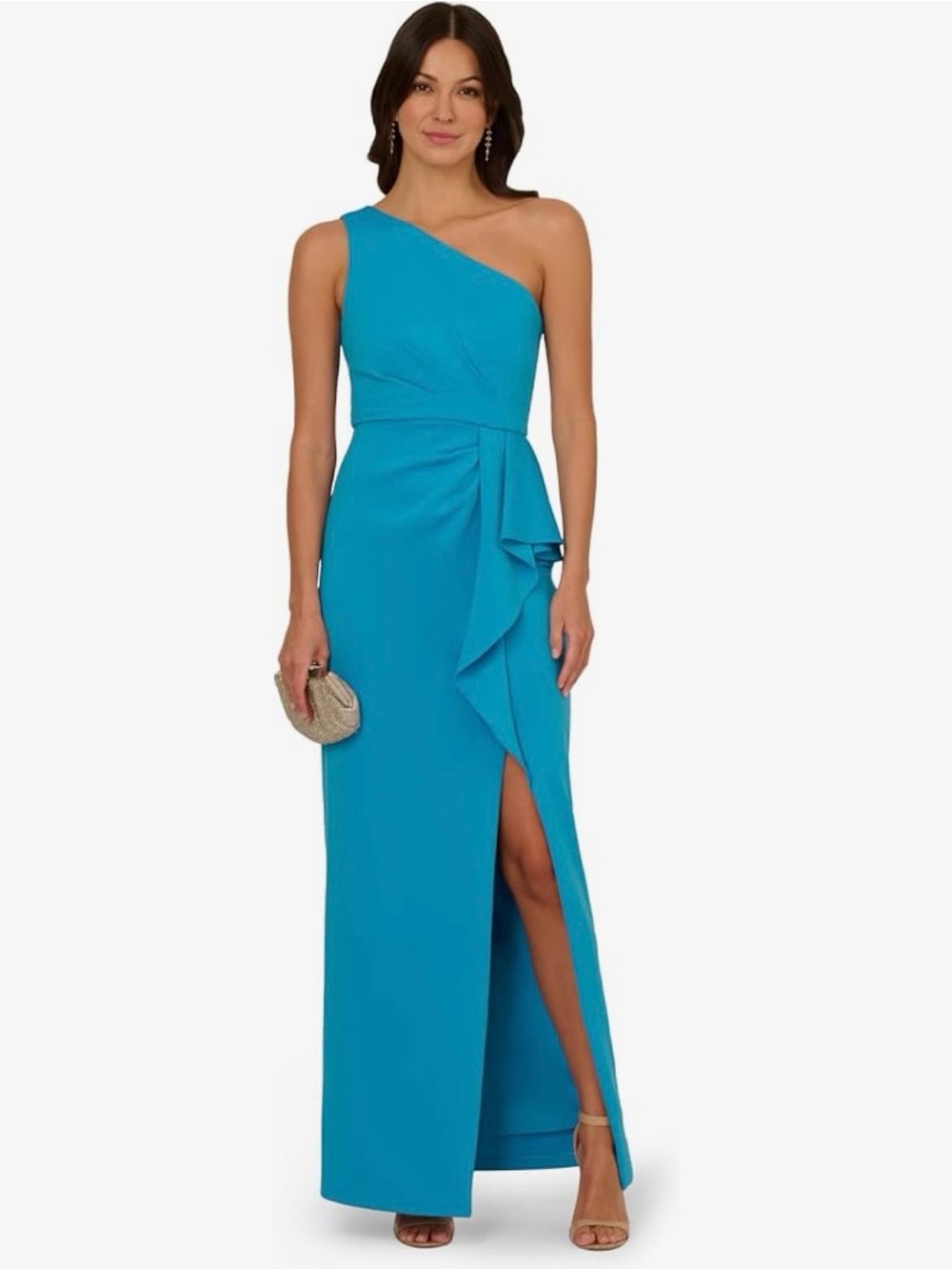 Adrianna Papell One-Shoulder Teal Evening Gown with Side Ruffle and Slit